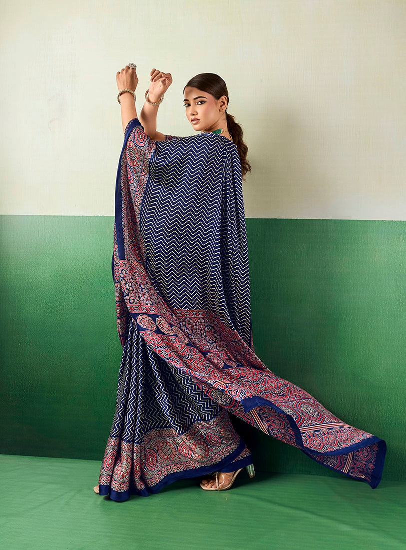 Elegant Navy Blue Ajrakh Inspired Faux Satin Printed Saree