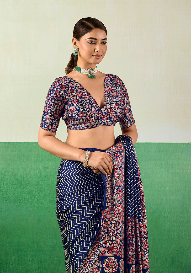 Elegant Navy Blue Ajrakh Inspired Faux Satin Printed Saree