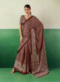 Monjolika Fashion brown faux satin saree with traditional Ajrakh-inspired prints