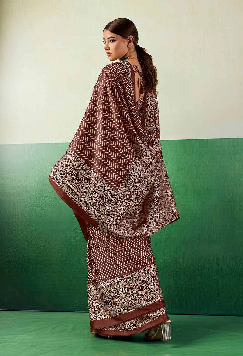 Brown Ajrakh Printed Faux Satin Saree with Elegant Drape