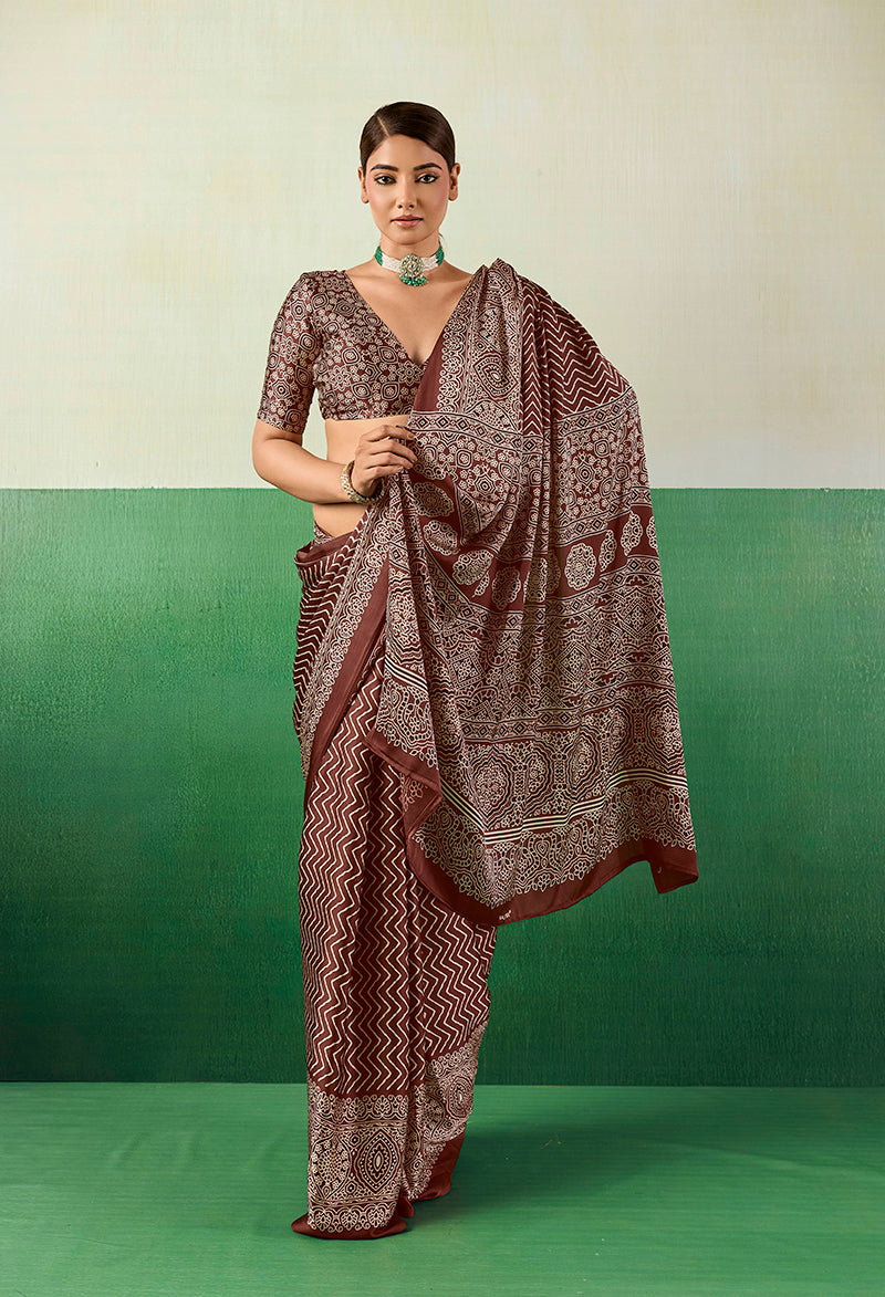 Brown Ajrakh Printed Faux Satin Saree with Elegant Drape