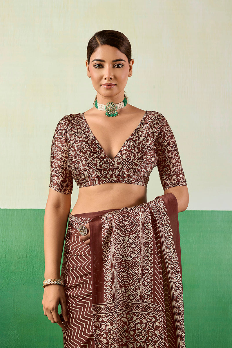 Brown Ajrakh Printed Faux Satin Saree with Elegant Drape