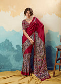 Red faux satin saree with intricate Ajrakh ethnic prints and silky finish