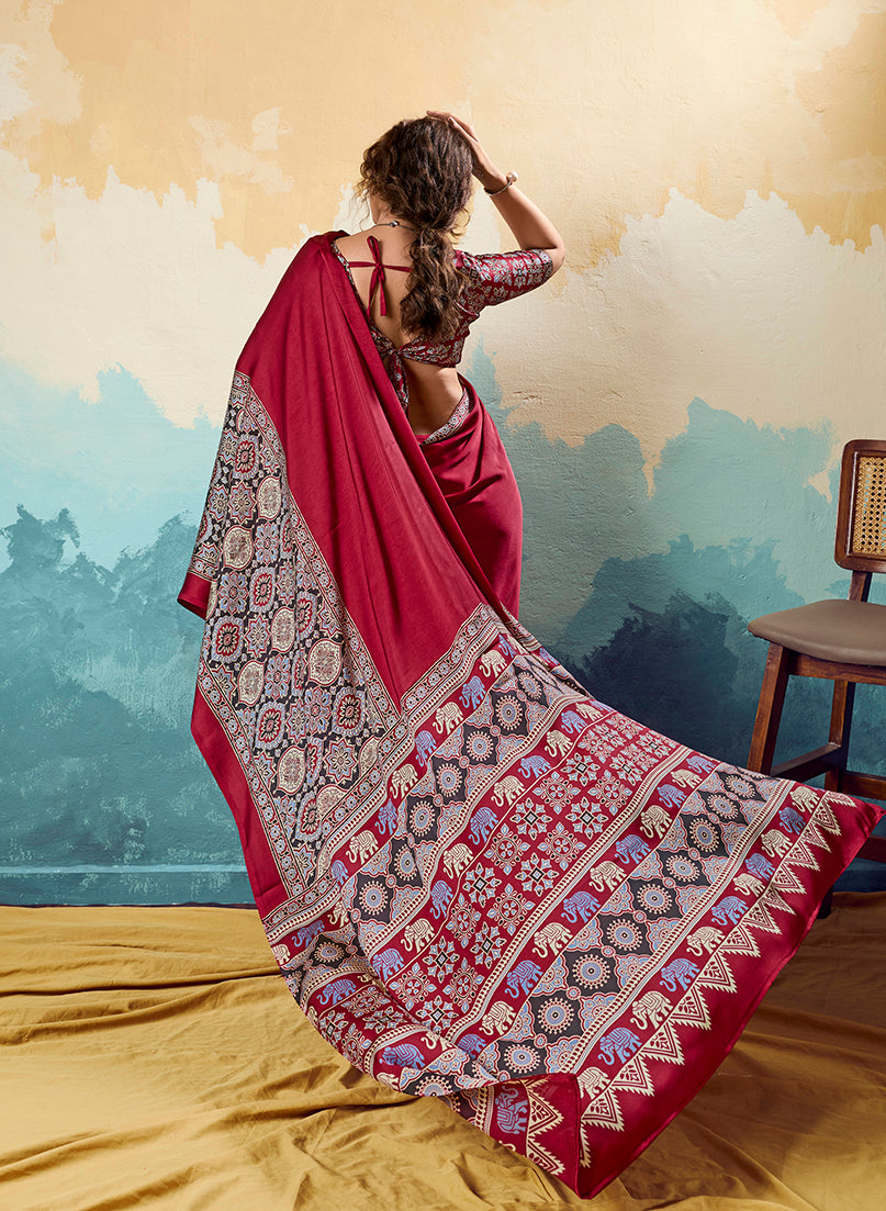 Red Ajrakh Faux Satin Printed Saree with Ethnic Motifs