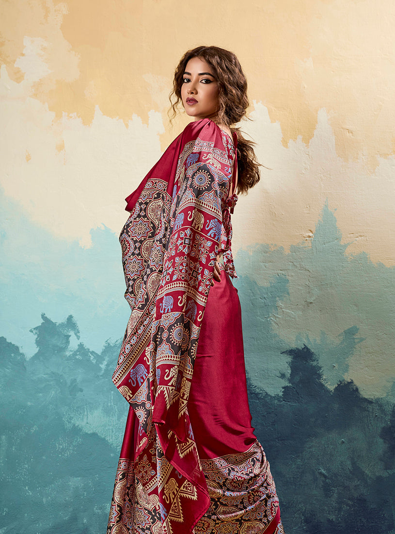 Red Ajrakh Faux Satin Printed Saree with Ethnic Motifs