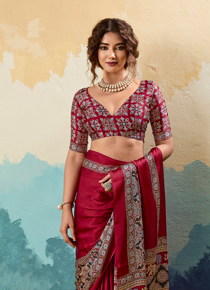 Red Ajrakh Faux Satin Printed Saree with Ethnic Motifs