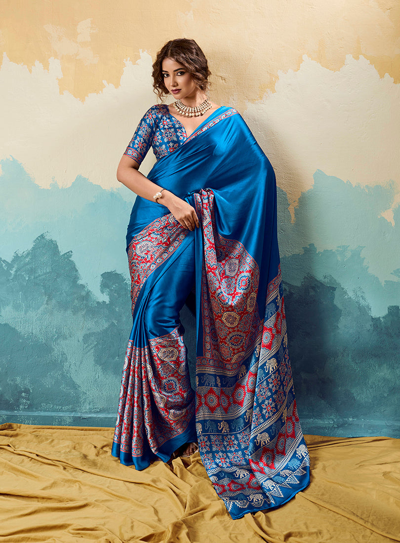 Royal blue modal satin saree with ethnic Ajrakh print motifs