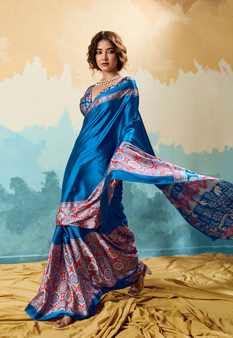 Royal Blue Ajrakh Printed Saree in Modal Satin
