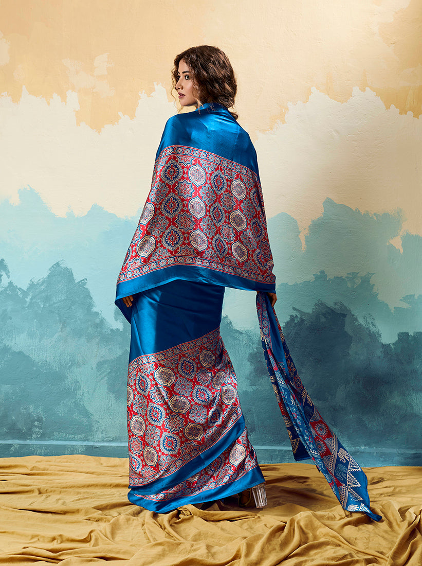 Royal Blue Ajrakh Printed Saree in Modal Satin