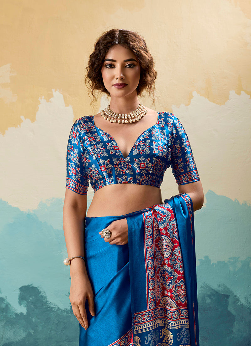 Royal Blue Ajrakh Printed Saree in Modal Satin