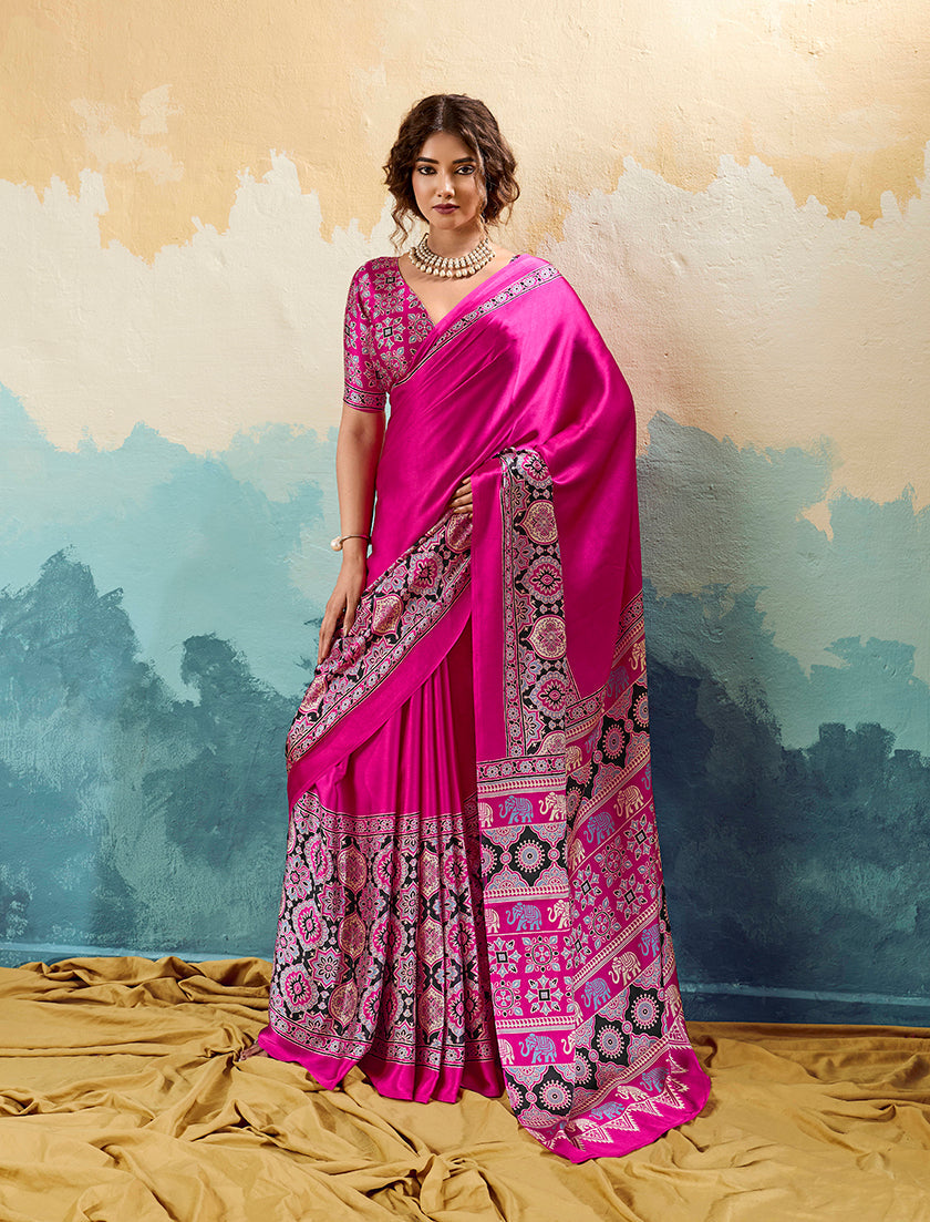 Monjolika Fashion hot pink Ajrakh print faux satin saree with ethnic motifs