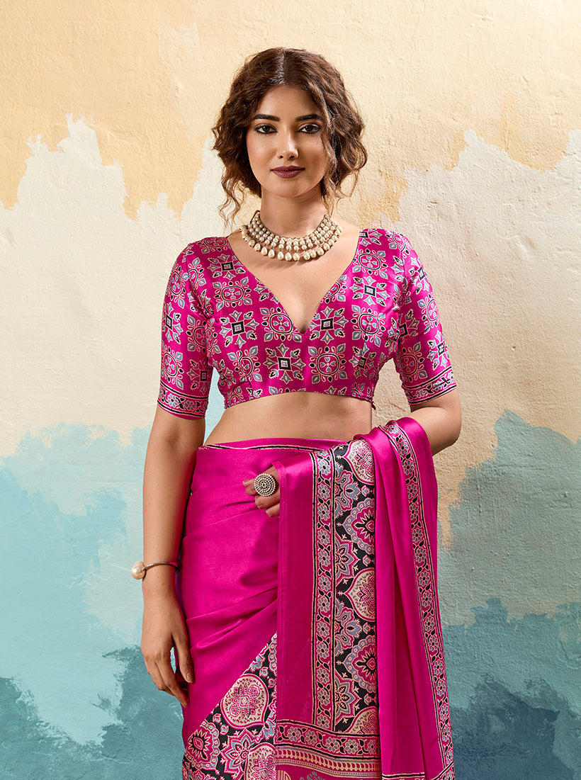 Hot Pink Ajrakh Print Faux Satin Saree with Ethnic Motifs