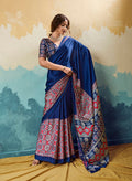 Navy blue faux satin saree with Ajrakh ethnic motif prints