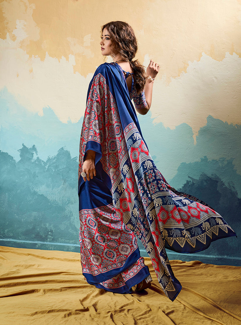 Navy Blue Ajrakh Printed Faux Satin Saree with Ethnic Motif