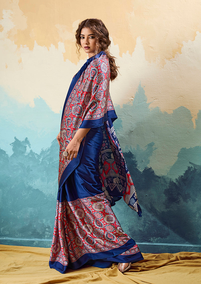 Navy Blue Ajrakh Printed Faux Satin Saree with Ethnic Motif