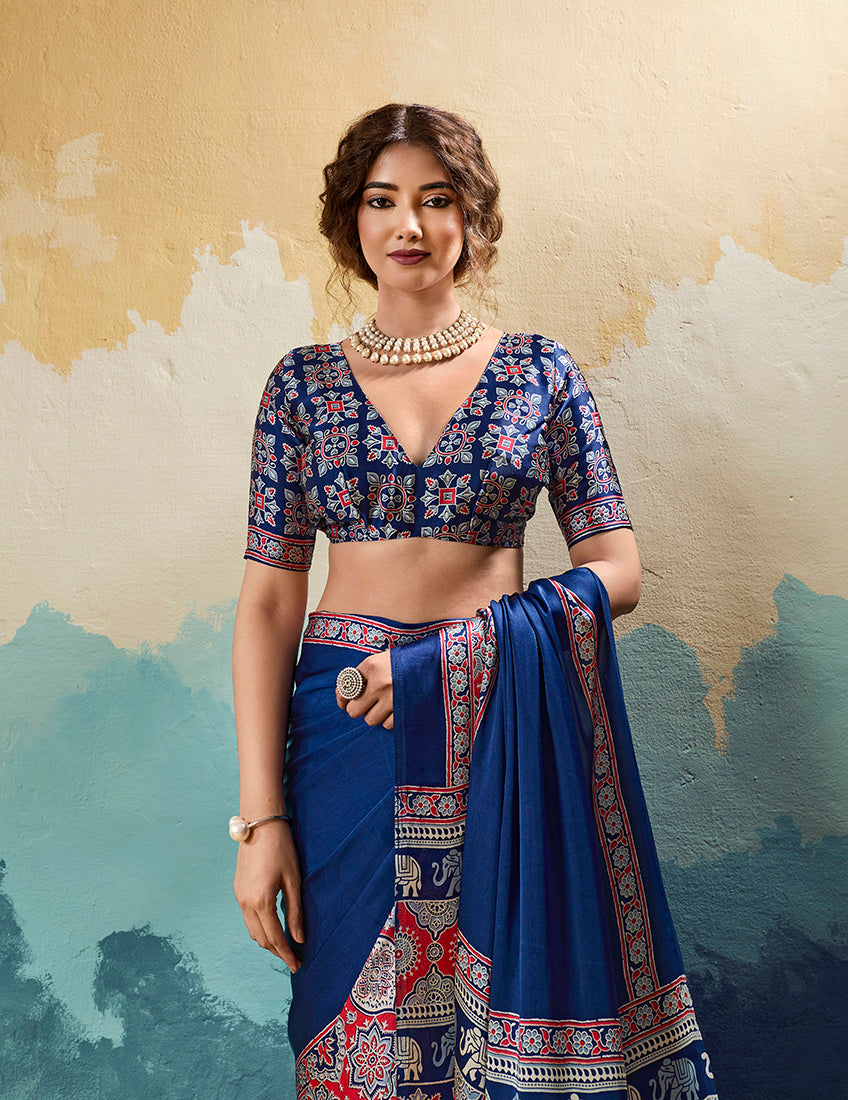 Navy Blue Ajrakh Printed Faux Satin Saree with Ethnic Motif