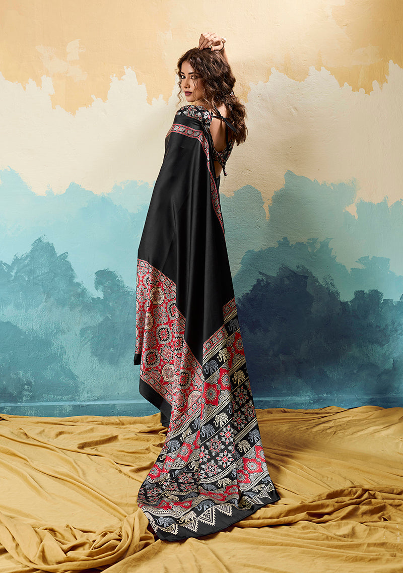 Black Modal Satin Ajrakh Saree with Intricate Ethnic Motifs