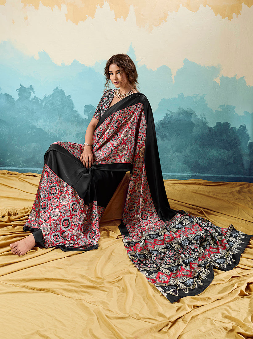 Black Modal Satin Ajrakh Saree with Intricate Ethnic Motifs