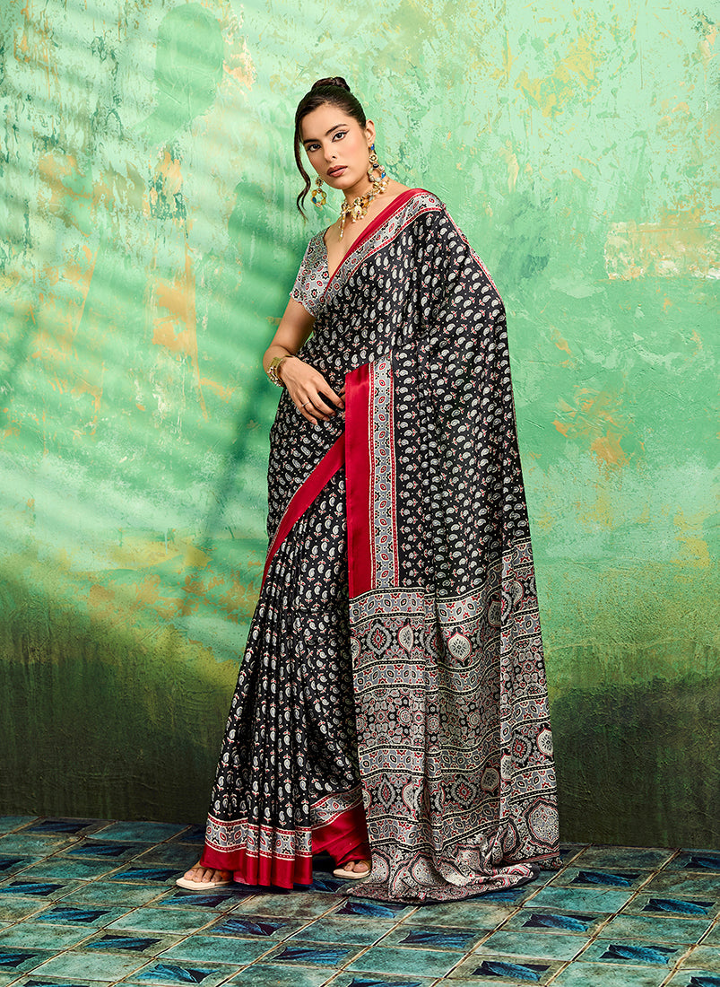 Black Faux Satin Ajrakh Print Saree for Ethnic Occasions