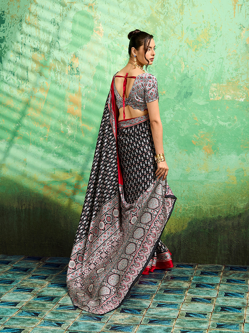 Black Faux Satin Ajrakh Print Saree for Ethnic Occasions