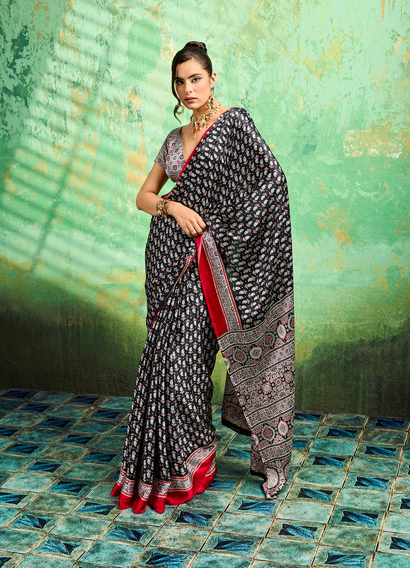 Black faux satin saree with traditional Ajrakh prints