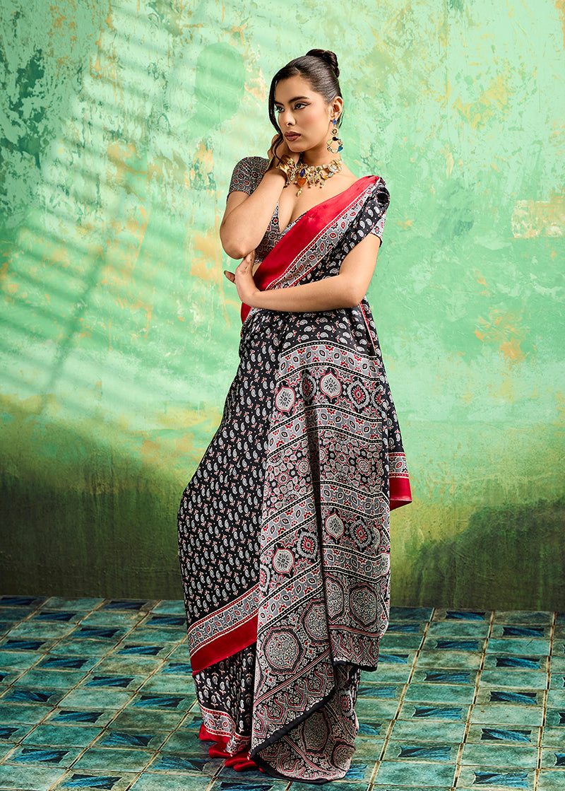 Black Faux Satin Ajrakh Print Saree for Ethnic Occasions