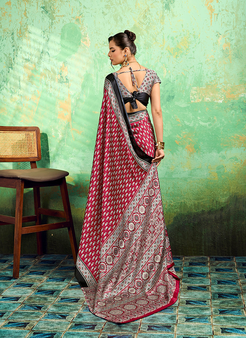 Maroon Faux Satin Saree with Traditional Ajrakh Print Design