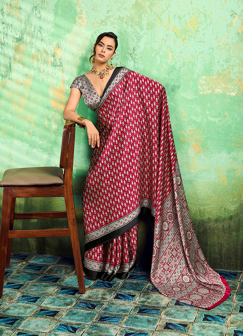 Maroon Faux Satin Saree with Traditional Ajrakh Print Design