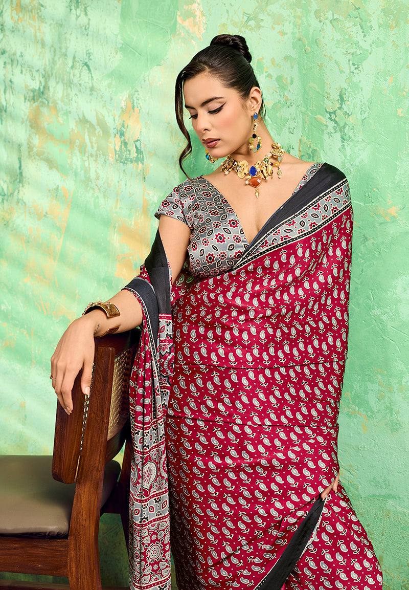 Maroon Faux Satin Saree with Traditional Ajrakh Print Design