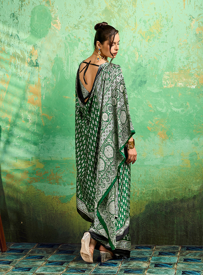 Green Ajrakh Print Faux Satin Saree Traditional Ethnic Wear
