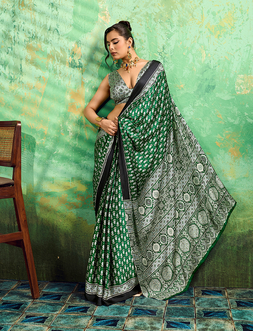 Green Ajrakh Print Faux Satin Saree Traditional Ethnic Wear
