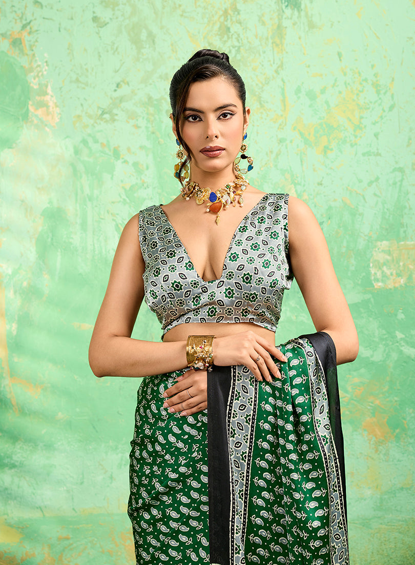 Green Ajrakh Print Faux Satin Saree Traditional Ethnic Wear