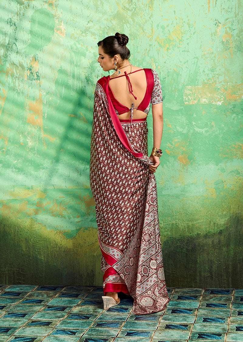 Brown Faux Satin Ajrakh Print Saree for Statement Ethnic Fashion