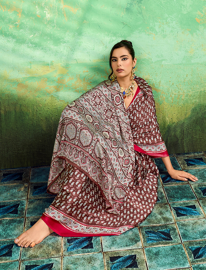 Brown Faux Satin Ajrakh Print Saree for Statement Ethnic Fashion