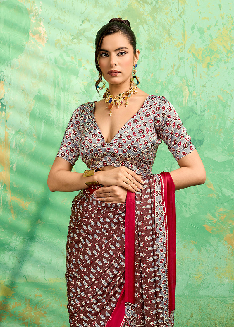 Brown Faux Satin Ajrakh Print Saree for Statement Ethnic Fashion