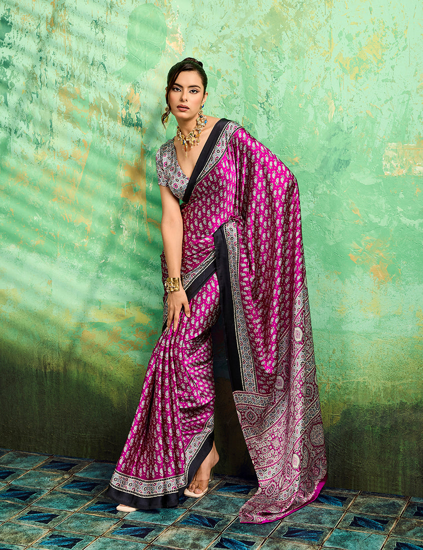 Magenta Ajrakh print faux satin saree with intricate traditional patterns