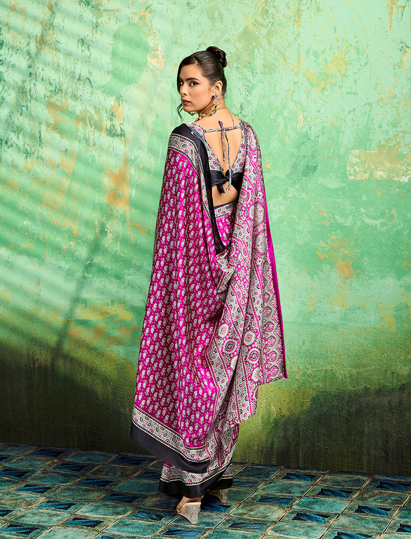 Magenta Ajrakh Print Faux Satin Saree for Festive Occasions