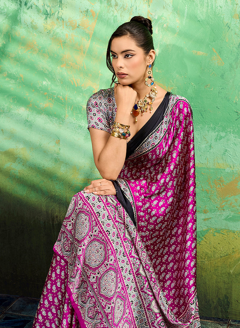 Magenta Ajrakh Print Faux Satin Saree for Festive Occasions