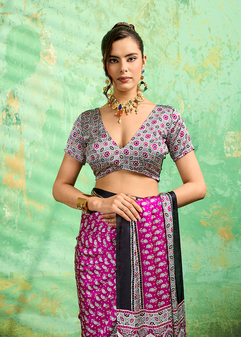 Magenta Ajrakh Print Faux Satin Saree for Festive Occasions