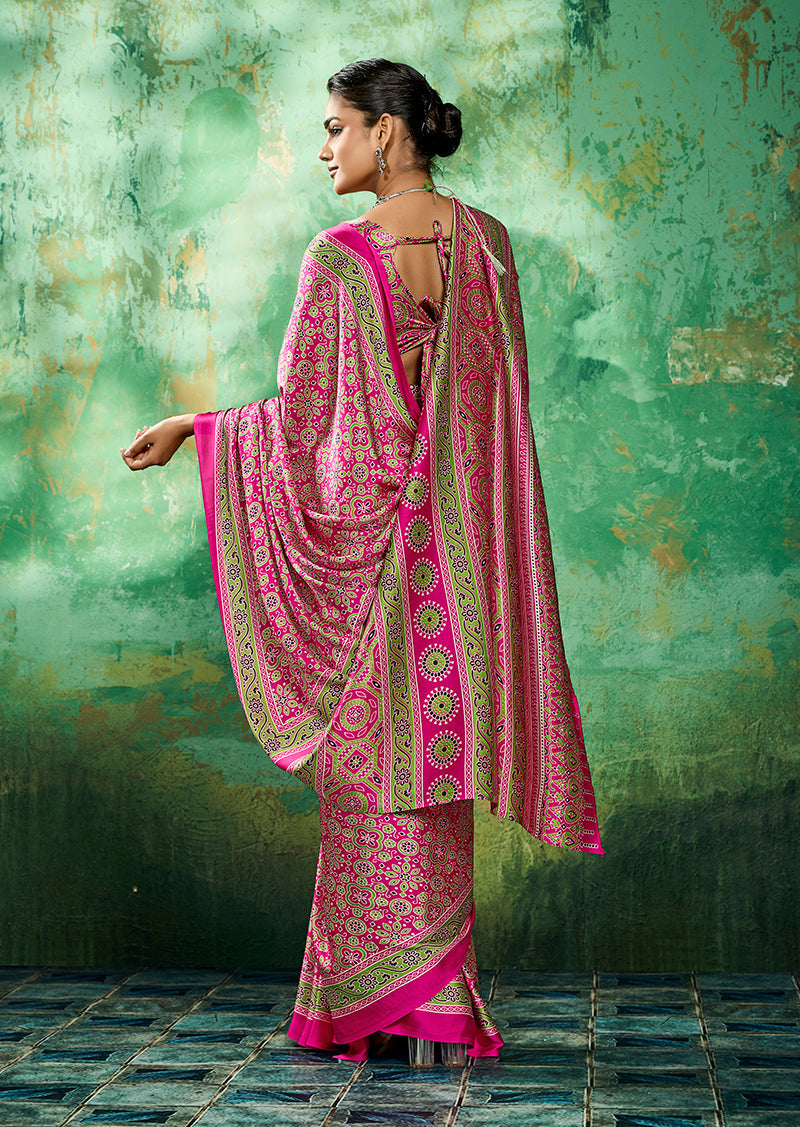Hot Pink Faux Satin Ajrakh Printed Saree with Vibrant Festive Look
