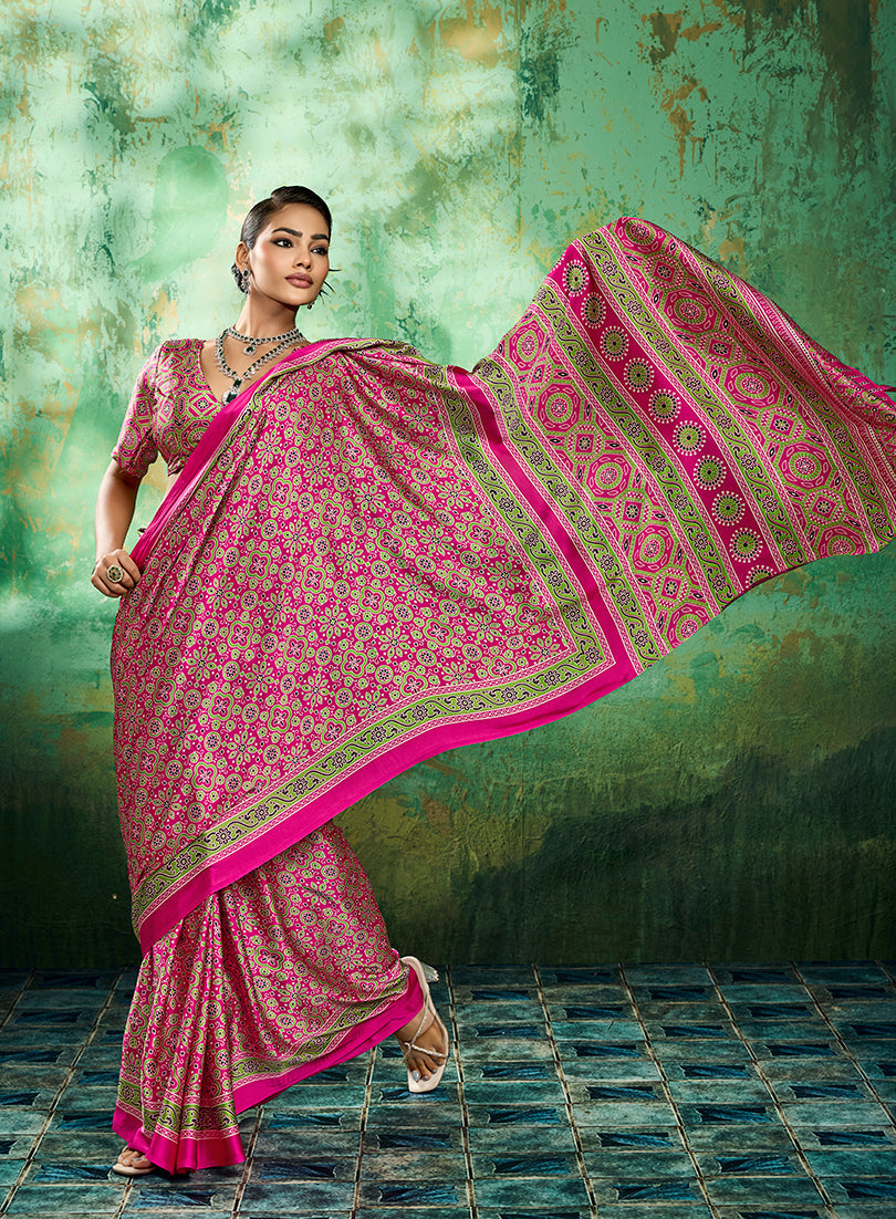 Hot Pink Faux Satin Ajrakh Printed Saree with Vibrant Festive Look