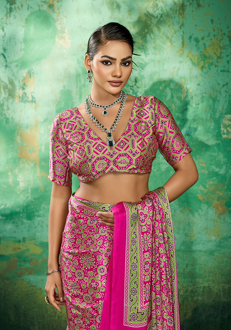 Hot Pink Faux Satin Ajrakh Printed Saree with Vibrant Festive Look