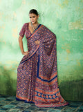Monjolika Fashion Navy Blue faux satin saree with traditional Ajrakh prints and artistic borders
