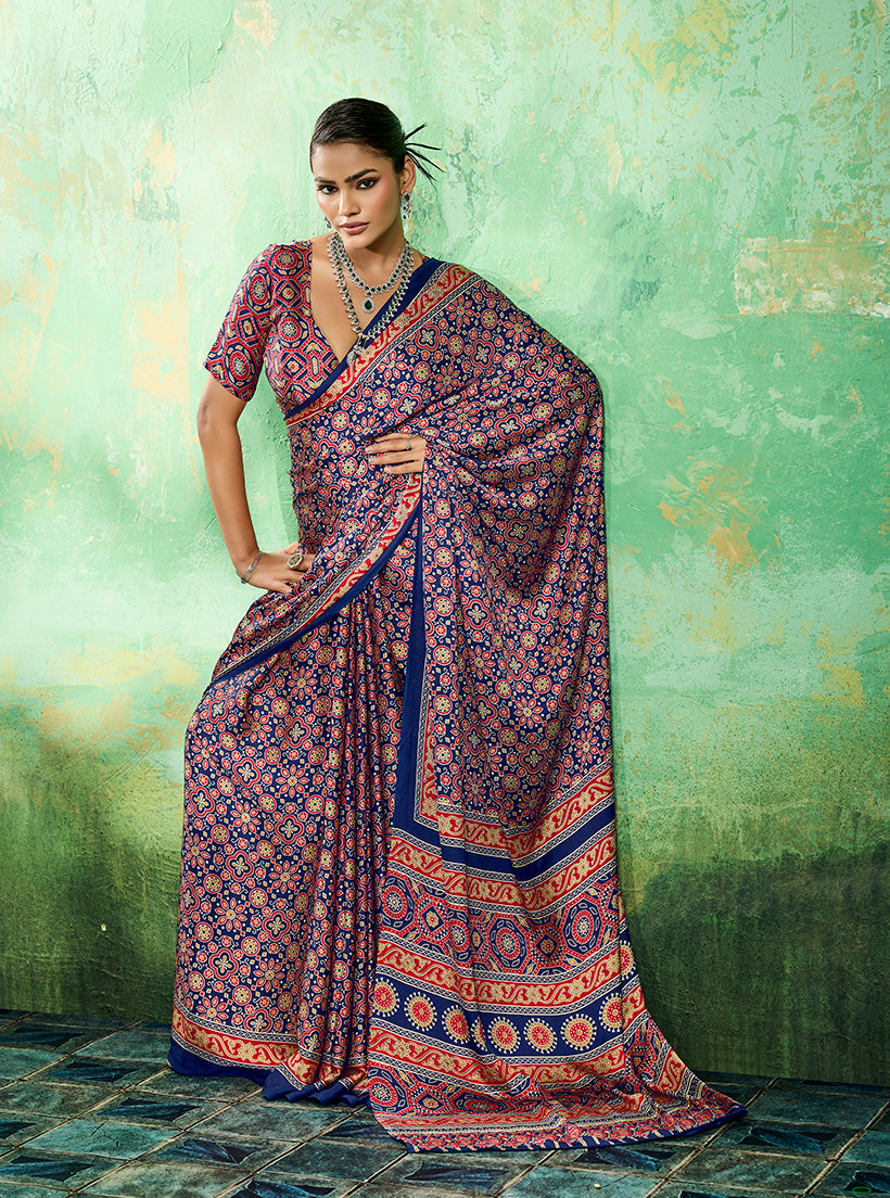 Monjolika Fashion Navy Blue faux satin saree with traditional Ajrakh prints and artistic borders