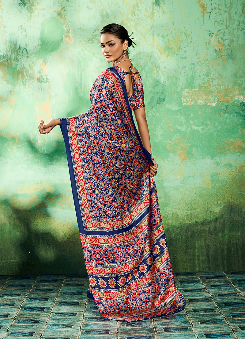 Navy Blue Ajrakh Printed Faux Satin Saree for Ethnic Occasions