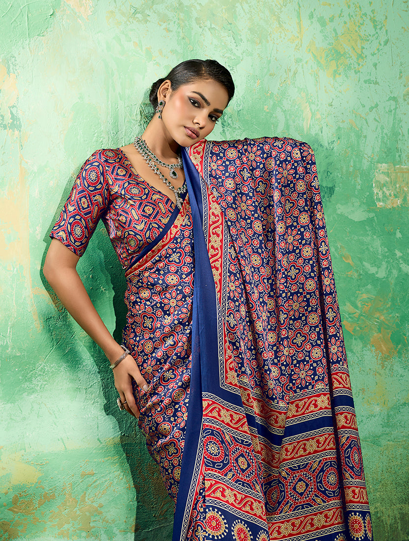 Navy Blue Ajrakh Printed Faux Satin Saree for Ethnic Occasions