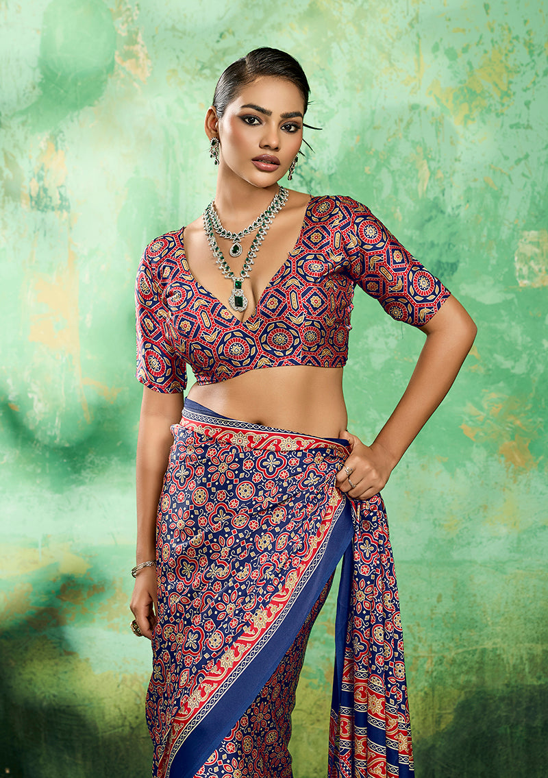 Navy Blue Ajrakh Printed Faux Satin Saree for Ethnic Occasions