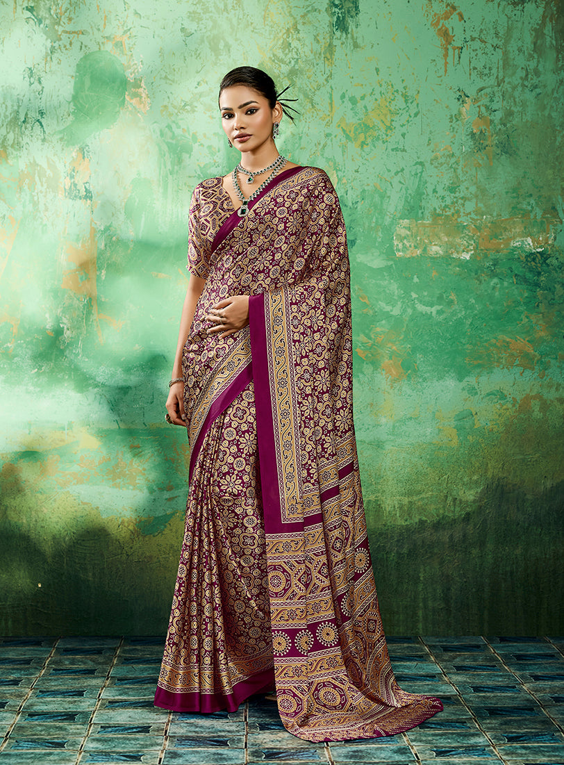 Wine faux satin saree with traditional Ajrakh motifs and printed border