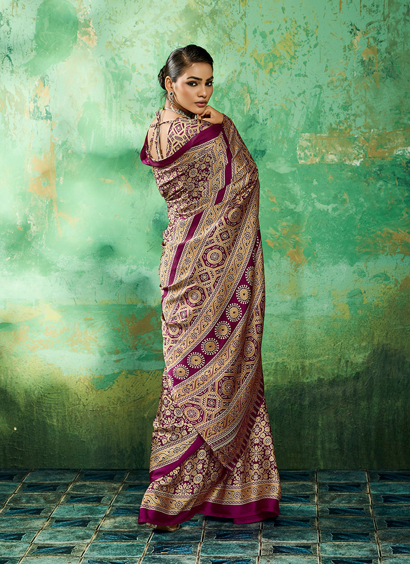 Wine Ajrakh Print Faux Satin Saree with Traditional Ethnic Border