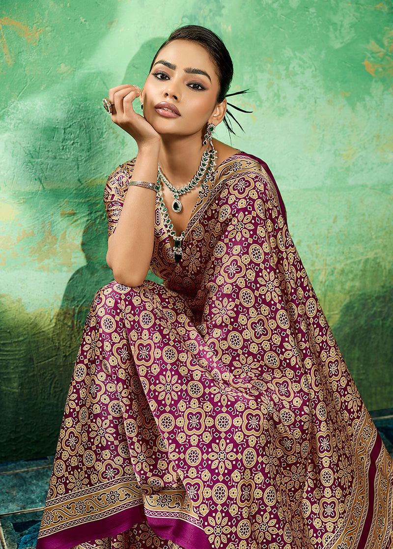 Wine Ajrakh Print Faux Satin Saree with Traditional Ethnic Border